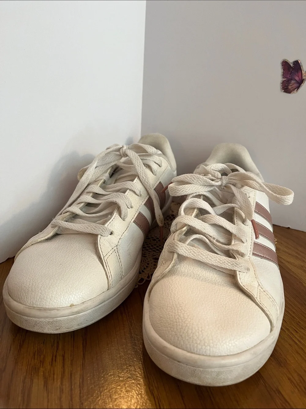 Adidas Cream Sneakers with Pink Stripes
